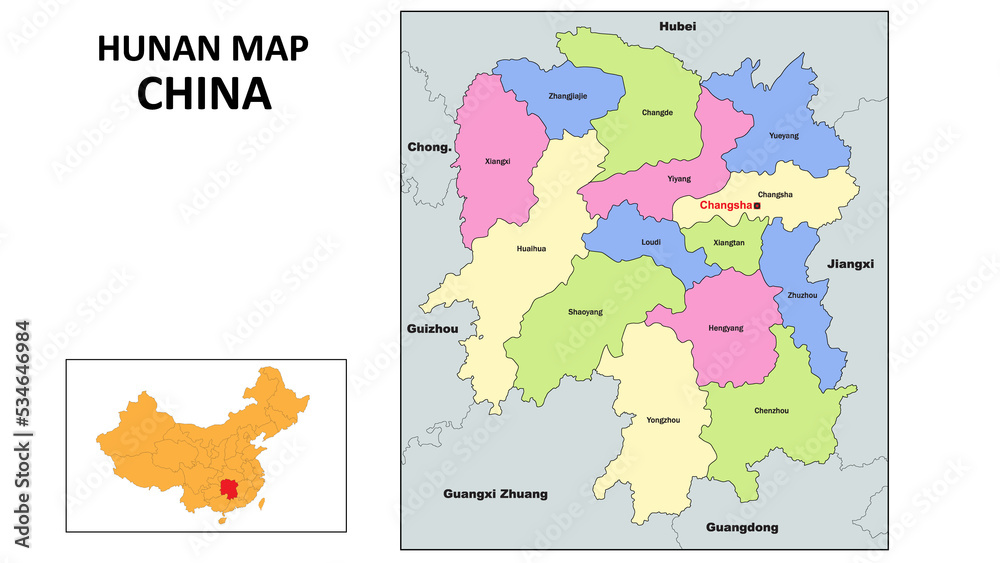 Hunan Map of China. State and district map of Hunan. Political map of Hunan with country capital.