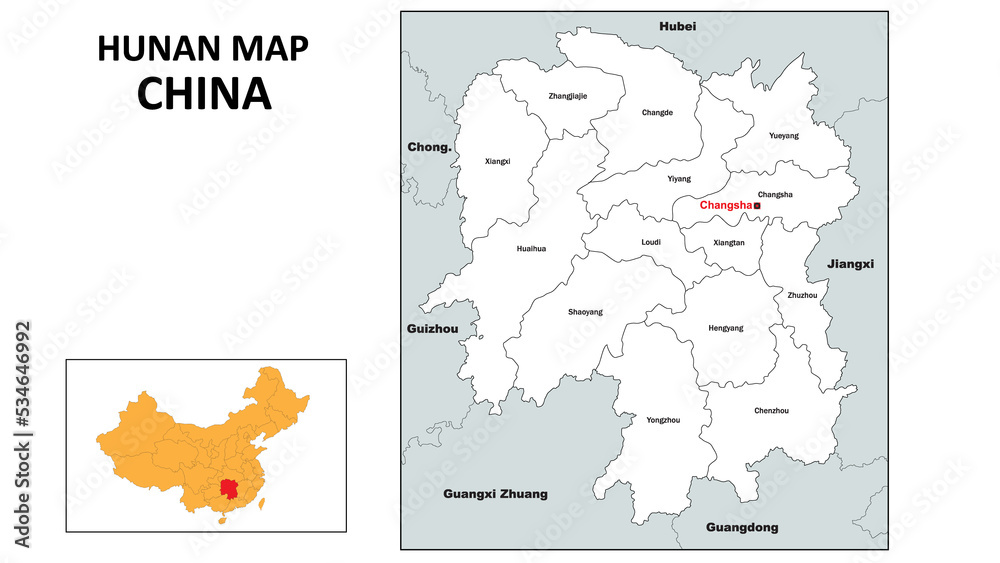 Fototapeta: Hunan Map of China. State and district map of Hunan ...