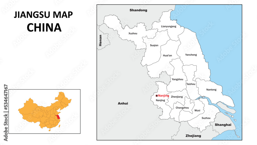 Jiangsu Map of China. State and district map of Jiangsu. Administrative ...