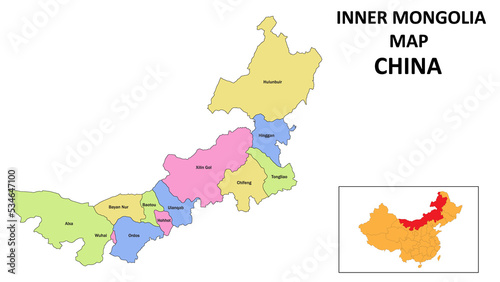 Inner Mongolia Map of China. State and district map of Inner Mongolia. Detailed colorful map of Inner Mongolia. photo