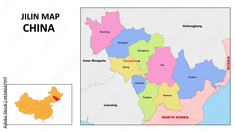 Jilin Map of China. State and district map of Jilin. Political map of ...