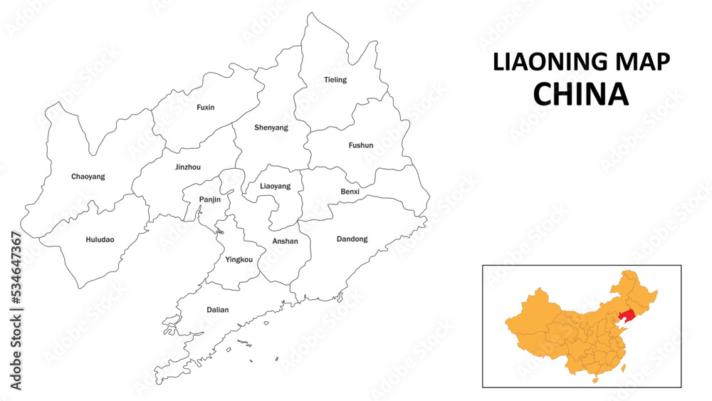 Liaoning Map of China. State and district map of Liaoning