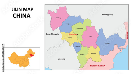Jilin Map of China. State and district map of Jilin. Political map of Jilin with country capital.