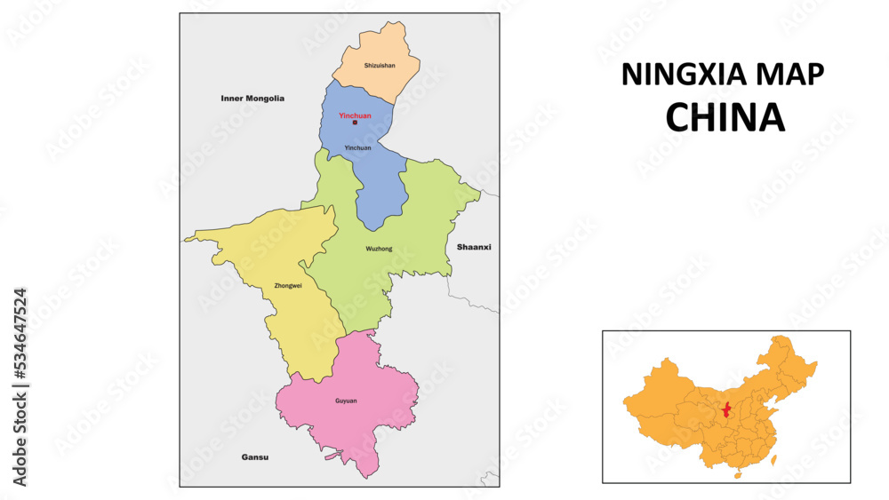 Ningxia Map of China. State and district map of Ningxia. Political map of Ningxia with country capital.