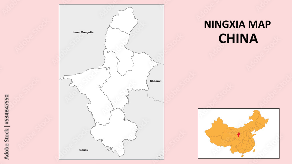 Ningxia Map of China. State and district map of Ningxia. Political map of Ningxia with outline and black and white design.