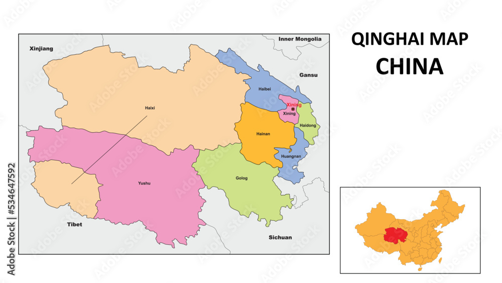 Qinghai Map of China. State and district map of Qinghai. Political map of Qinghai with country capital.