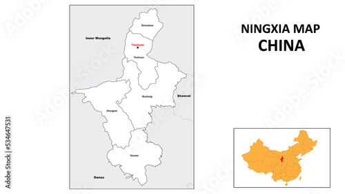 Ningxia Map of China. State and district map of Ningxia. Administrative map of Ningxia with district and capital in white color. photo