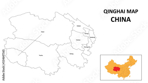 Qinghai Map of China. State and district map of Qinghai. Administrative map of Qinghai with the district in white color. photo