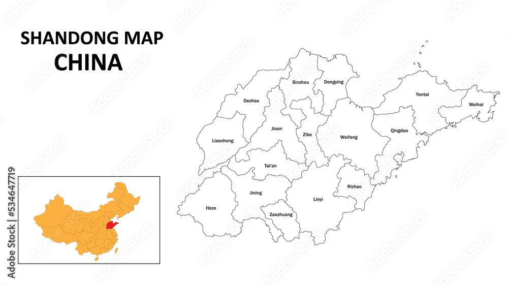 Shandong Map of China. State and district map of Shandong