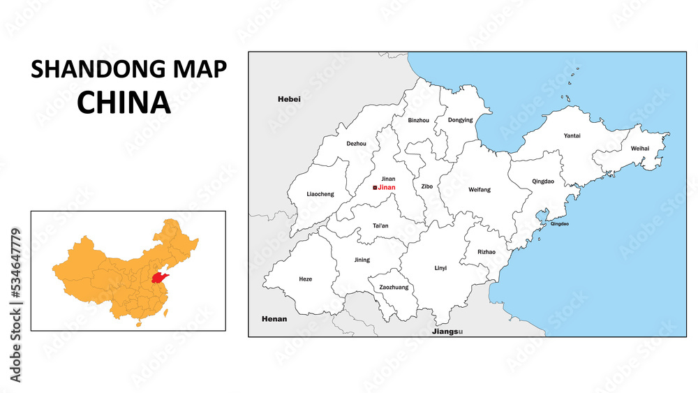 Shandong Map of China. State and district map of Shandong. Administrative map of Shandong with district and capital in white color.