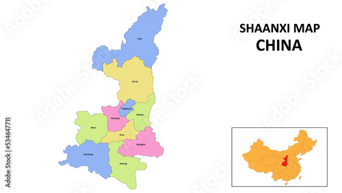 Shaanxi Map of China. State and district map of Shaanxi. Detailed colorful map of Shaanxi. photo