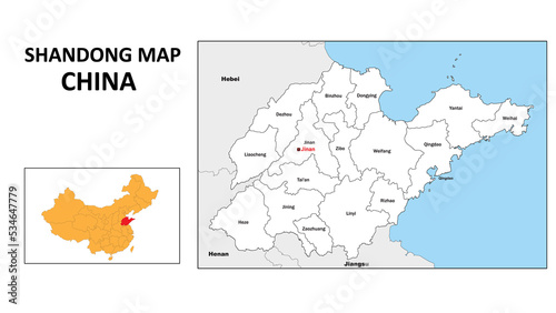 Shandong Map of China. State and district map of Shandong. Administrative map of Shandong with district and capital in white color.
