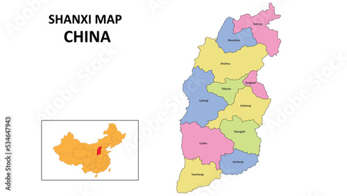 Shanxi Map of China. State and district map of Shanxi. Detailed colourful map of Shanxi.