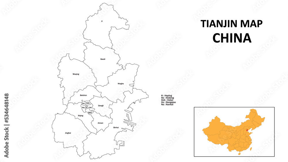 Tianjin Map of China. State and district map of Tianjin. Administrative map of Tianjin with the district in white colour.
