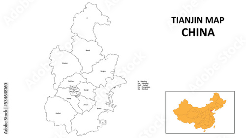 Tianjin Map of China. State and district map of Tianjin. Administrative map of Tianjin with the district in white colour. photo