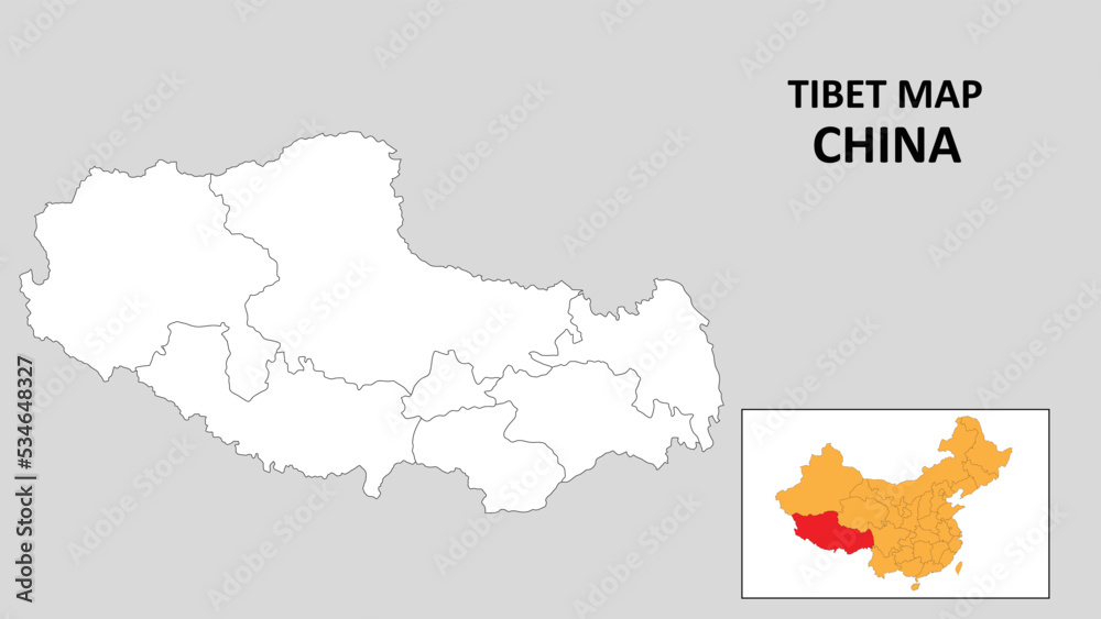 Tibet Map of China. Outline the state map of Tibet. Political map of Tibet with a black and white design.