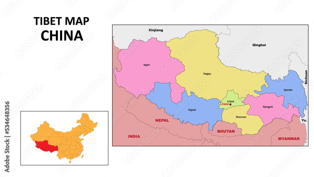 Tibet Map of China. State and district map of Tibet. Political map of 