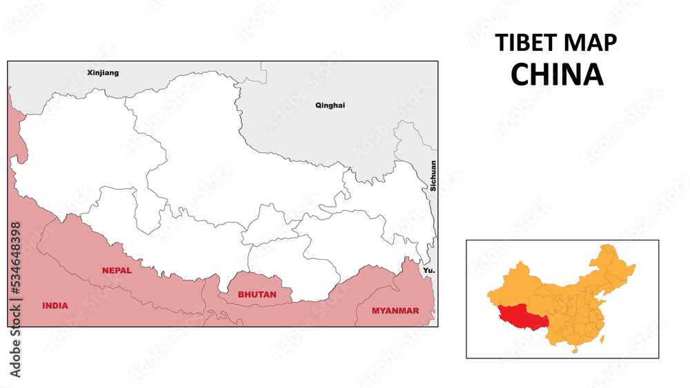Tibet Map of China. State and district map of Tibet. Political map of Tibet with outline and black and white design.