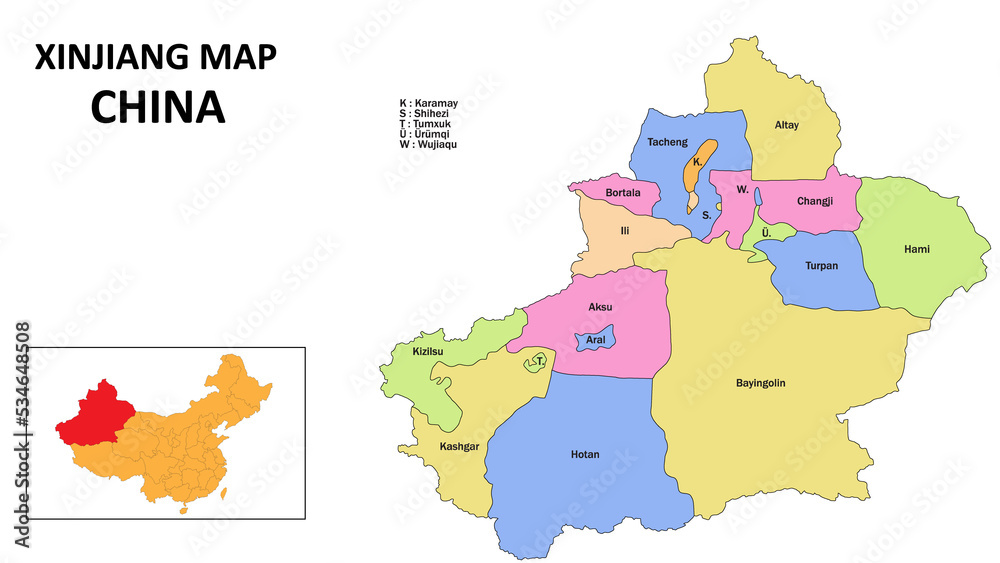 Xinjiang Map of China. State and district map of Xinjiang. Detailed