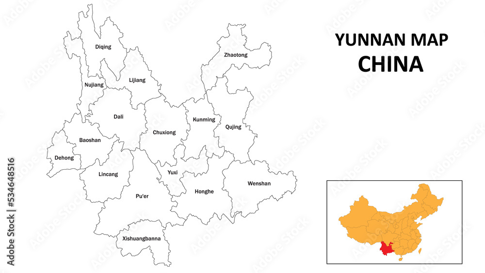 Yunnan Map of China. State and district map of Yunnan. Administrative map of Yunnan with the district in white color.