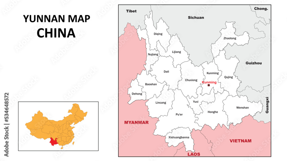 Yunnan Map of China. State and district map of Yunnan. Administrative map of Yunnan with district and capital in white color.