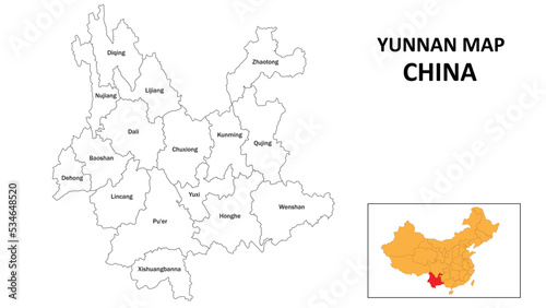 Yunnan Map of China. State and district map of Yunnan. Administrative map of Yunnan with the district in white color.