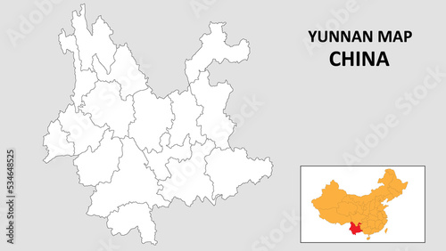 Yunnan Map of China. Outline the state map of Yunnan. Political map of Yunnan with a black and white design. photo