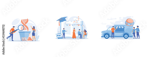 Scientists with magnifier looking at huge DNA in the pot, Tiny people high school students in dresses and suits chatting at promenade dance, Business people at truck with burger eating fast food and d