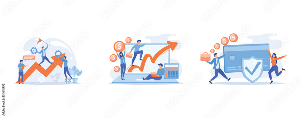 Fototapeta premium Startup work, success, Stock trading, income growth, Credit card security, protecting financial savings, set flat vector modern illustration