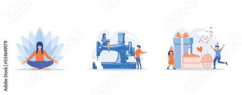 Yoga school instructor, Professional sewing classes, Children birthday party, set flat vector modern illustration