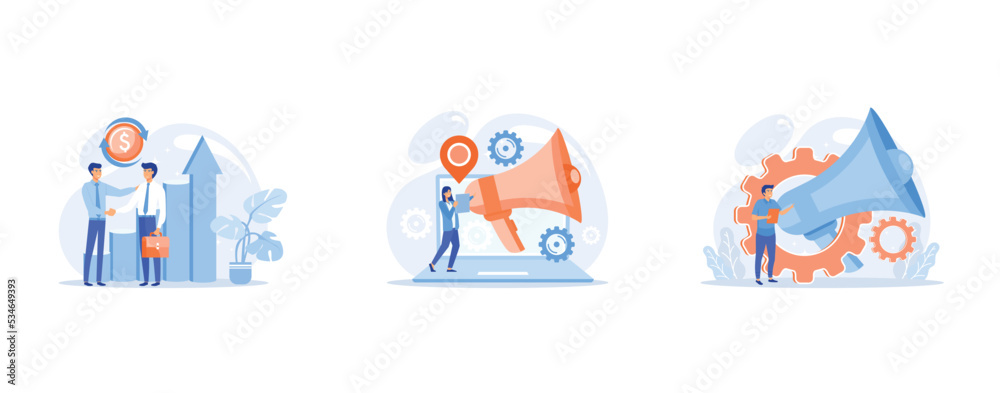 Fototapeta premium B2b strategy, Marketing automation software and CRM, Promotion, set flat vector modern illustration