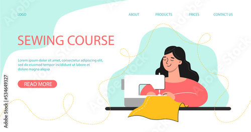 Banner for Cutting and sewing courses. Woman seamstress at her workplace with sewing machine. Vector illustration for advertisement of sewing lessons