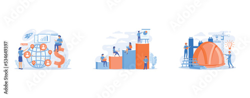 Salespeople team working remotely with customers all over the world and dollar sign, Office interior, Building engineers using smart materials, set flat vector modern illustration