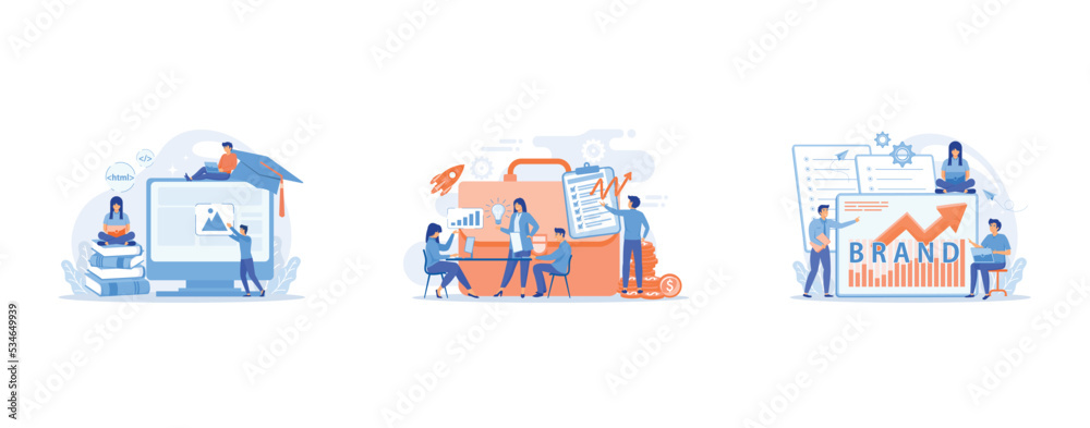E-learning, online classes and webinars, Colleagues meeting, Marketing and promotional campaign, set flat vector modern illustration