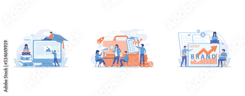 E-learning, online classes and webinars, Colleagues meeting, Marketing and promotional campaign, set flat vector modern illustration