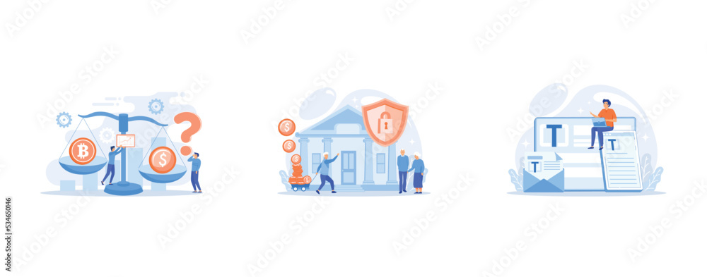 Virtual money exchange, market statistics analysis, Senior people savings fund, pensioners earnings, Brand marketing, corporate identity, logo design, set flat vector modern illustration Virtual money exchange, market statistics analysis, Senior people savings fund, pensioners earnings, Brand marketing, corporate identity, logo design, set flat vector modern illustration