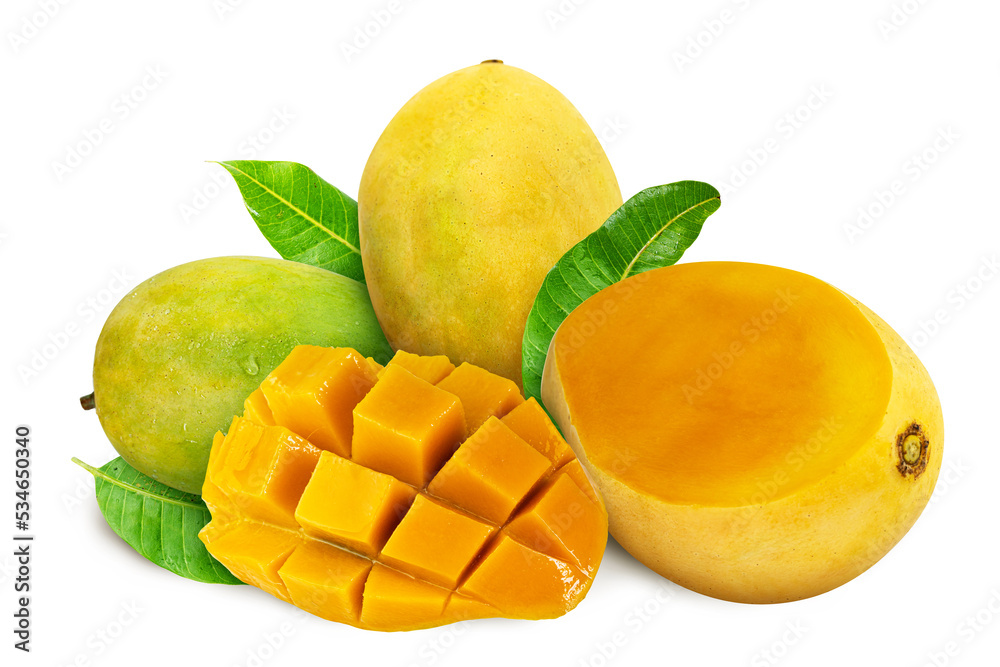 Mango fruits with mango slice and cubes isolated on a white background. Mango fruits with mango slice and cubes isolated on a white background.