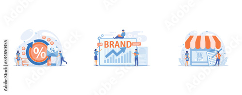 Money saving, Marketing and promotional campaign, Man doing purchases from shopping list, set flat vector modern illustration