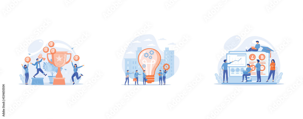Competition winner holding golden trophy and medal, Company newcomers, personnel, staff, Financial literacy education, e business school, set flat vector modern illustration