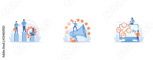 Business management, subordination, staff work organization, Customers attraction, business promotion, social media advertising, Tiny people managers plan and analyse campaign, set flat vector modern 
