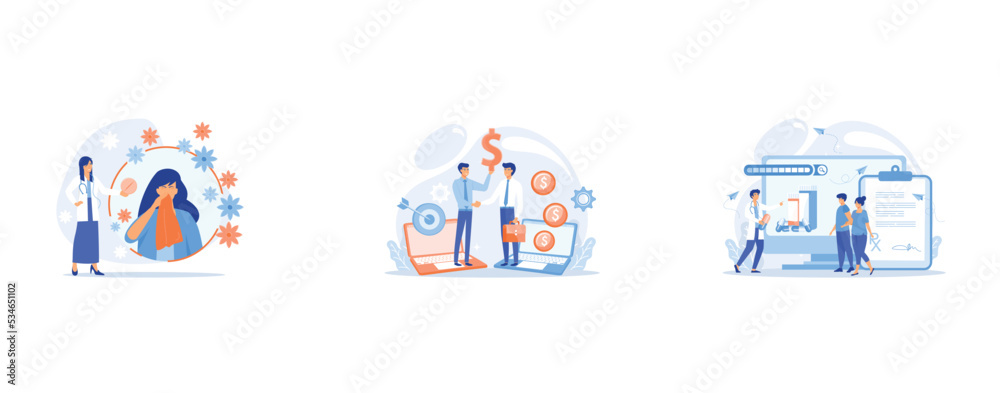 Obraz premium Female allergic to spring flowers sneezing and taking medicine, B2B sales person selling products and services to buyer in laptop, Tiny people, doctor prescribing medicine to patients online, set flat
