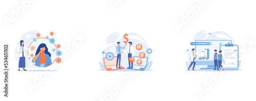 Female allergic to spring flowers sneezing and taking medicine, B2B sales person selling products and services to buyer in laptop, Tiny people, doctor prescribing medicine to patients online, set flat