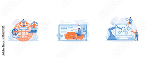 Colleagues business meeting, company internet webcast, Home office, remote work, Humans and cobot robotic arm collaborate at laptop fixing gears, set flat vector modern illustration