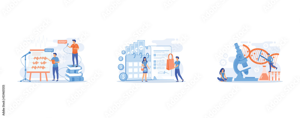 Elocution lesson., Installment purchase offer, shopping business, convenient customer service, Microscope and scientists changing DNA structure, set flat vector modern illustration Elocution lesson., Installment purchase offer, shopping business, convenient customer service, Microscope and scientists changing DNA structure, set flat vector modern illustration