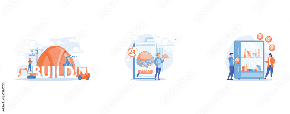 Building business transportation, Order huge hamburger on tablet available 24 hours and a cook delivering dish, Consumer inserts dollar coin into vending machine and buys snacks and drink, set flat ve Building business transportation, Order huge hamburger on tablet available 24 hours and a cook delivering dish, Consumer inserts dollar coin into vending machine and buys snacks and drink, set flat ve