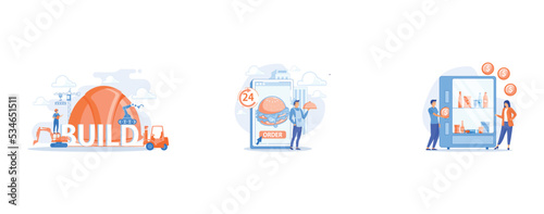 Building business transportation, Order huge hamburger on tablet available 24 hours and a cook delivering dish, Consumer inserts dollar coin into vending machine and buys snacks and drink, set flat ve