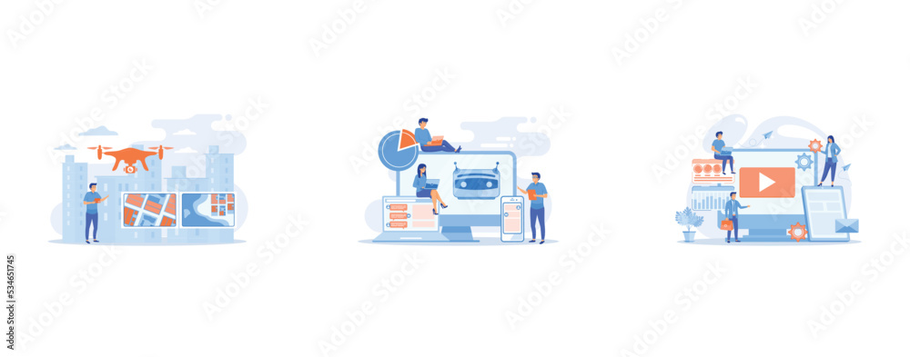 Drone, quadcopter operator, pilot making photos, Developers building, testing and deploying chatbots on platforms, PPC advertising managers work with websites, set flat vector modern illustration