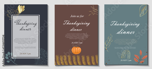 Abstract universal templates in autumn palette with gold line drawing, twigs, twigs, flowers, golden elements, outline, for brochure, web post, advertisement, thanksgiving invitation.