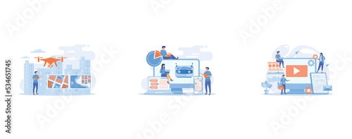 Drone, quadcopter operator, pilot making photos, Developers building, testing and deploying chatbots on platforms, PPC advertising managers work with websites, set flat vector modern illustration