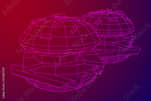 Hamburger or cheeseburger with cutlets, cheese, tomatoes, and other. Wireframe low poly mesh vector illustration.